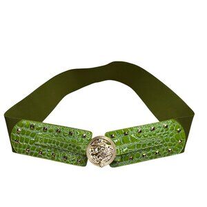 Miss Tina Chunky Stretch Belt 1X Olive Green Reptile Gold Alligator Buckle